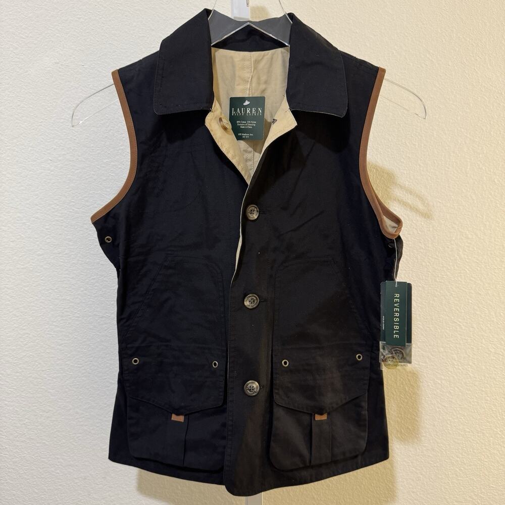 Lauren Ralph Lauren Reversible Field Hunting Safari Barn Vest Tan Black Woman P
